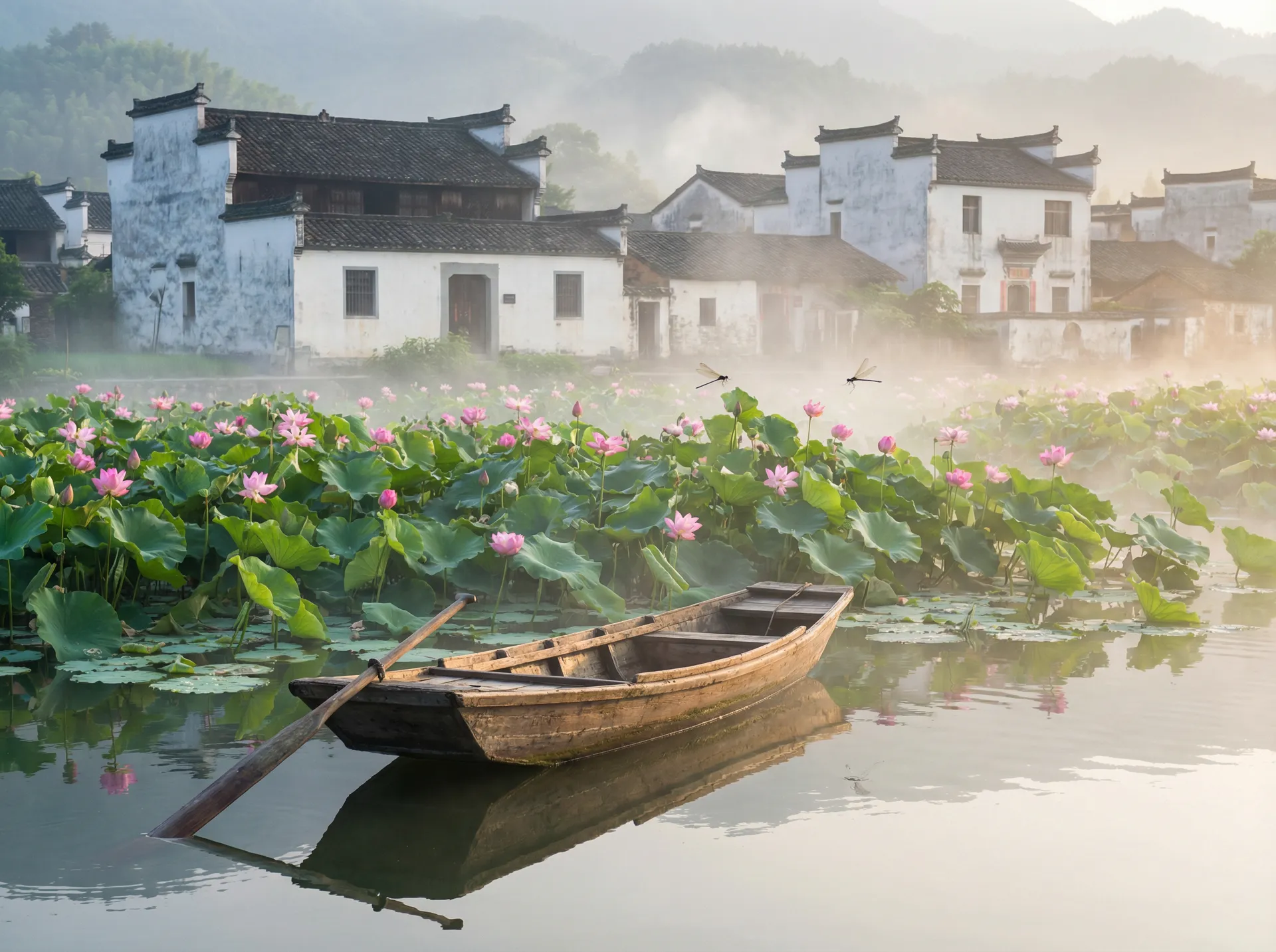 清晨荷塘小舟，粉色荷花盛开，白墙黑瓦的村庄 - 杉原杏璃 av 水乡风情
